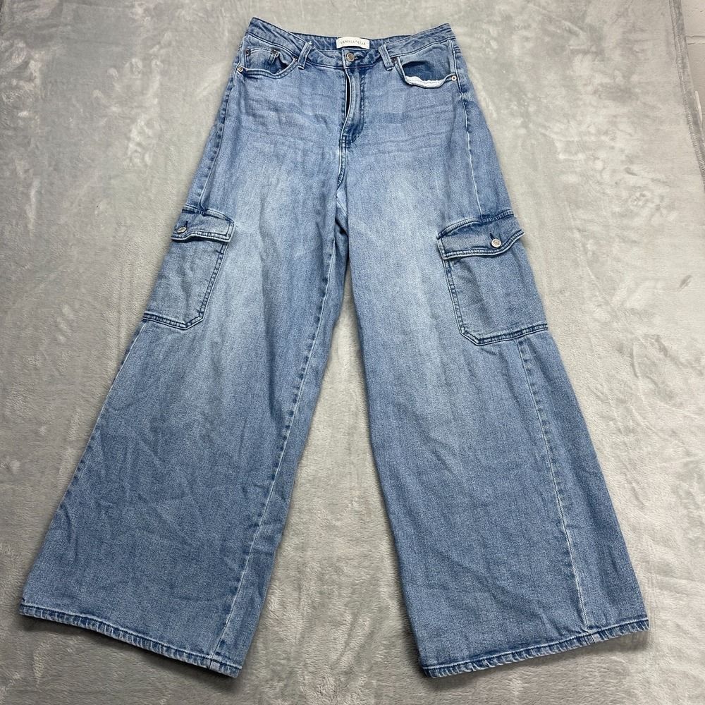 Vanilla Star Jeans Womens 12 (28x30) Blue Denim Cargo Pocket Stretch‎ Wide Leg